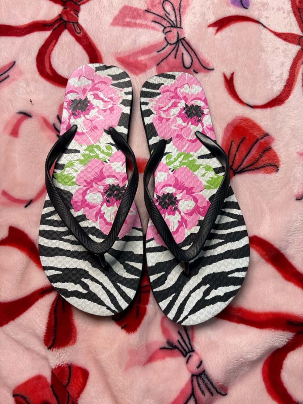 Women's Pink Floral Zebra-Print Flip Flop Sandals